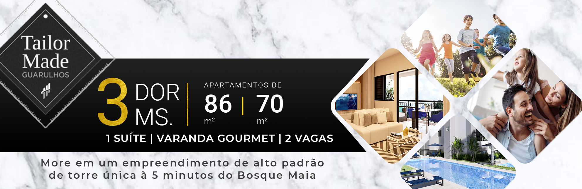 Tailor Made Bosque Maia | Apartamentos de 86 & 70 m² | 3 ou 2 dormitórios, 2 ou 1 suíte | Varanda Gourmet | 2 Vagas de garagem livres | Torre Única