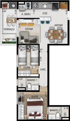 Planta do Apartamento Visione Interncaional Vila Augusta de 61m² | 2 Dorms | 1 Suíte | Varanda Gourmet