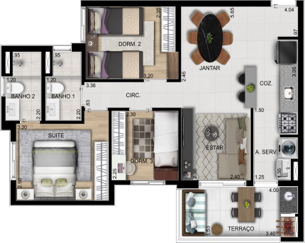 Planta do Apartamento Visione Interncaional Vila Augusta de 67m² | 3 Dorms | 2 Suítes | Varanda Gourmet