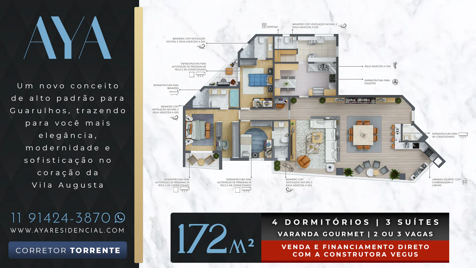 AYA Residencial || Apartamentos de alto padrão de 95 e 119 m² || 3 ou 4 dormitórios com suítes, varanda gourmet, 1 ou 2 vagas de garagem e lazer completo || COMPRE NA PLANTA E FINANCIE DIRETO COM A CONSTRUTORA